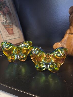 Vintage Metallic Foil-Back Glass Butterfly Paperweights - Pair Art Glass Artdeco